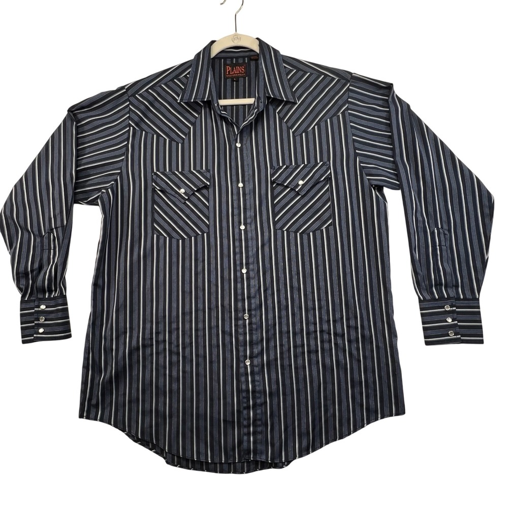 Plains Western Wear Mens L Pearl Snap Shirt Blue Stripe Long Sleeve Cowboy Rodeo
